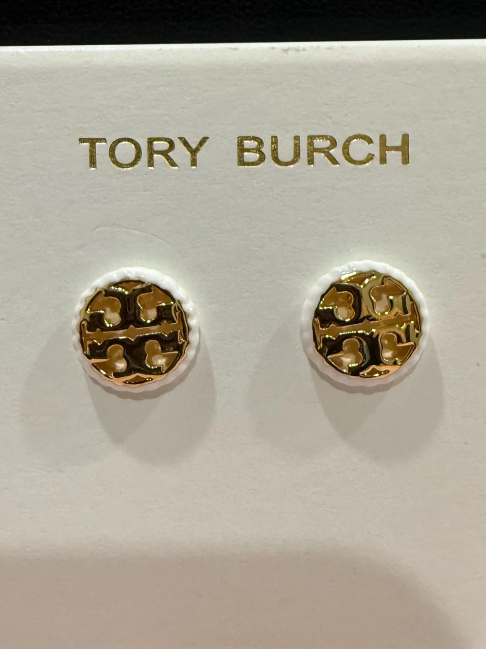 Tory Burch | Gold Plated Logo & White Enamel Trimmed Button Earrings | X-Small